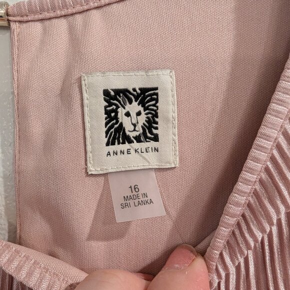 ANNE KLEIN Nwt Crinkled Satin Blush Dress 16 Sleeveless Waist Tie Midi Length - Picture 6 of 12